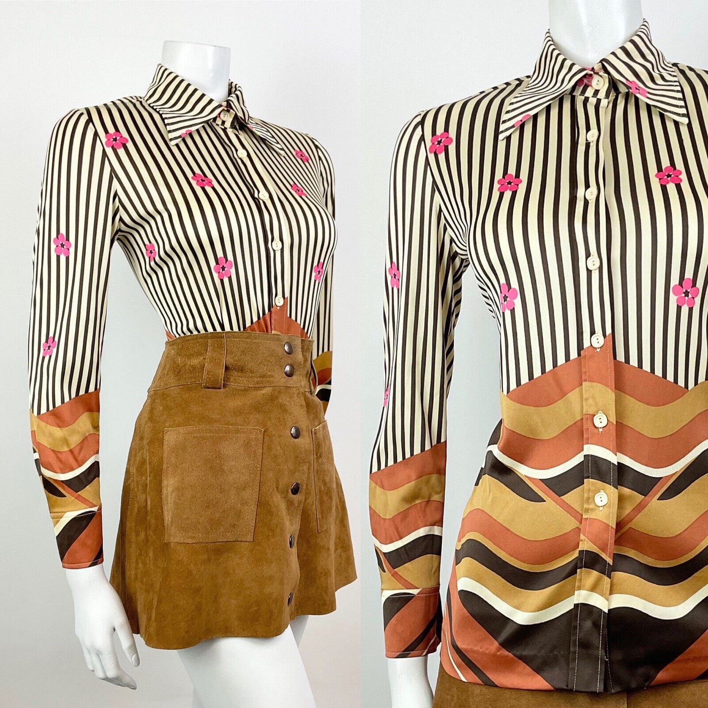 VINTAGE 60s 70s CREAM BROWN PINK STRIPED FLORAL WAVY MOD BOHO DAGGER SHIRT 8 10
