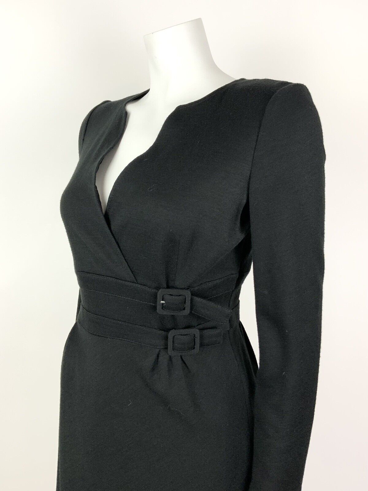 VINTAGE 60s 70s BLACK V-NECK BUCKLE BELT MOD DRESS 10 12