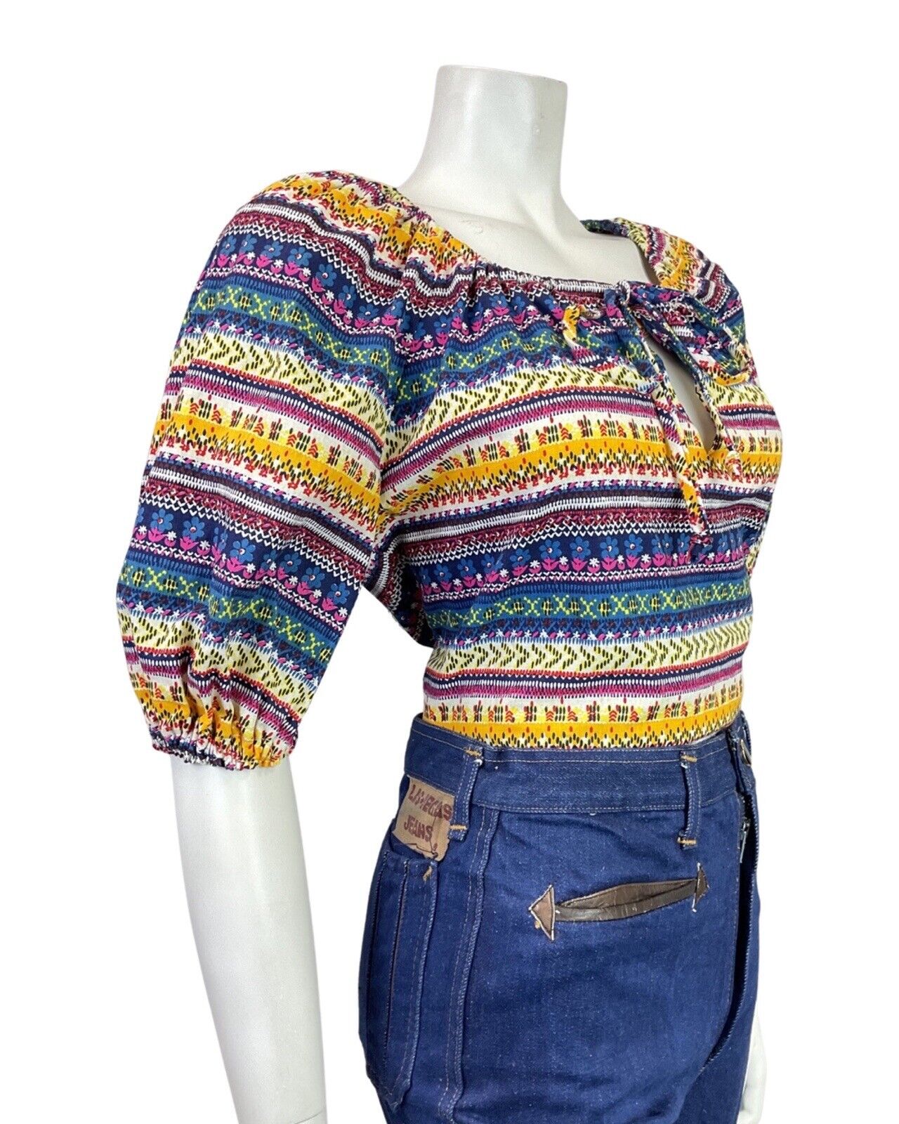 VTG 70s BLUE YELLOW PINK STRIPED DAISY GEOMETRIC PUFF SLEEVE BOHO BLOUSE 12 14