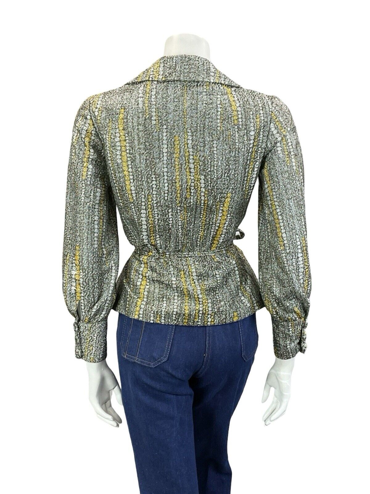 VTG 70S SILVER GOLD SPOTTY METALLIC DAGGER COLLAR BISHOP SLEEVE PARTY SHIRT 8