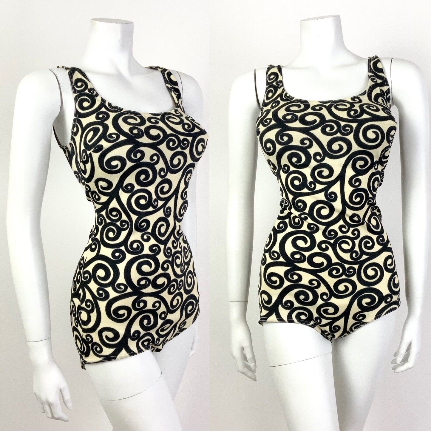 VTG 60s CREAM BLACK SWIRLING SCROLL MOD SWIM BODY BATHING SUIT 12 14