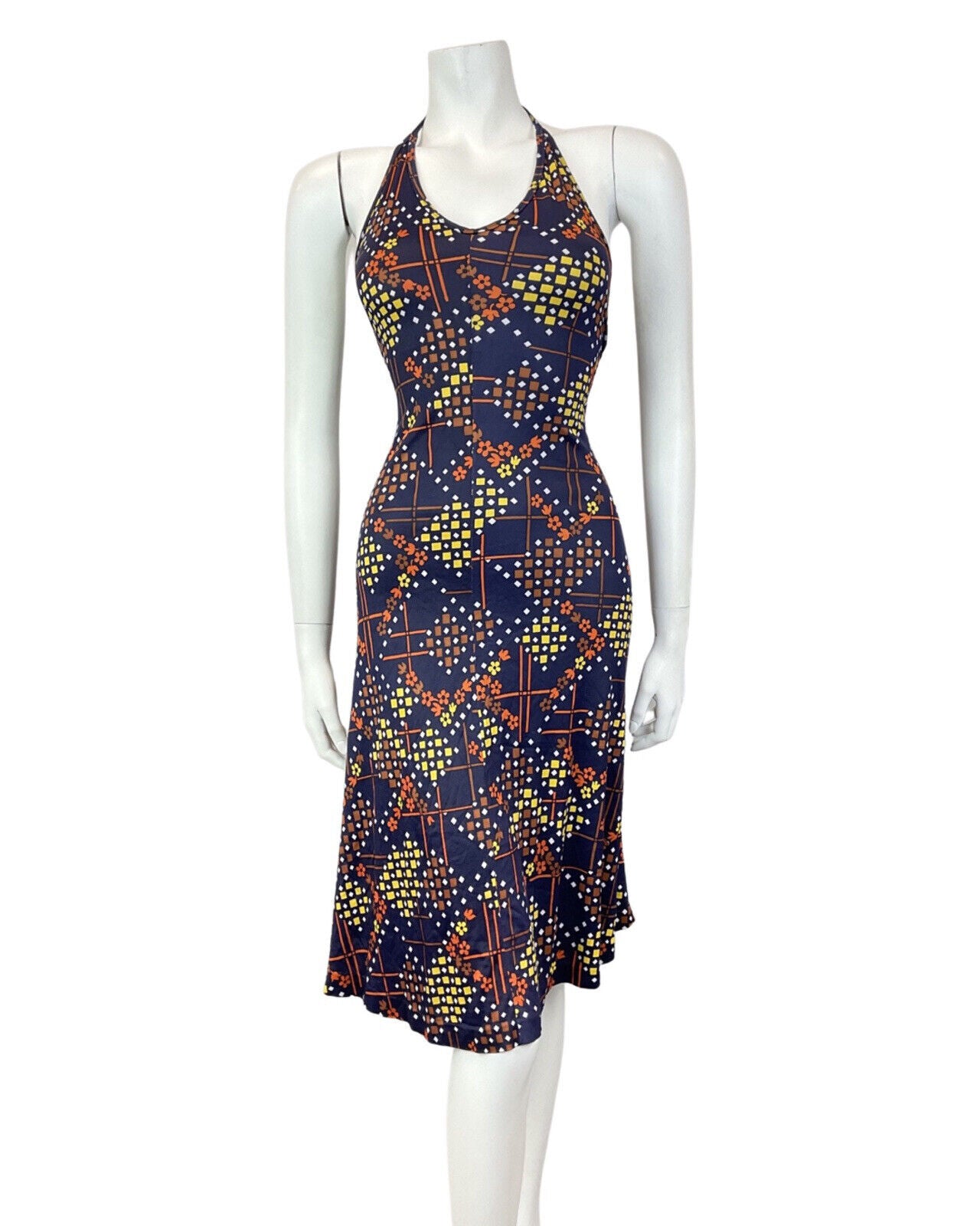 VINTAGE 60s 70s BLUE BROWN YELLOW GEOMETRIC MOD SUMMER HALTER DRESS 8