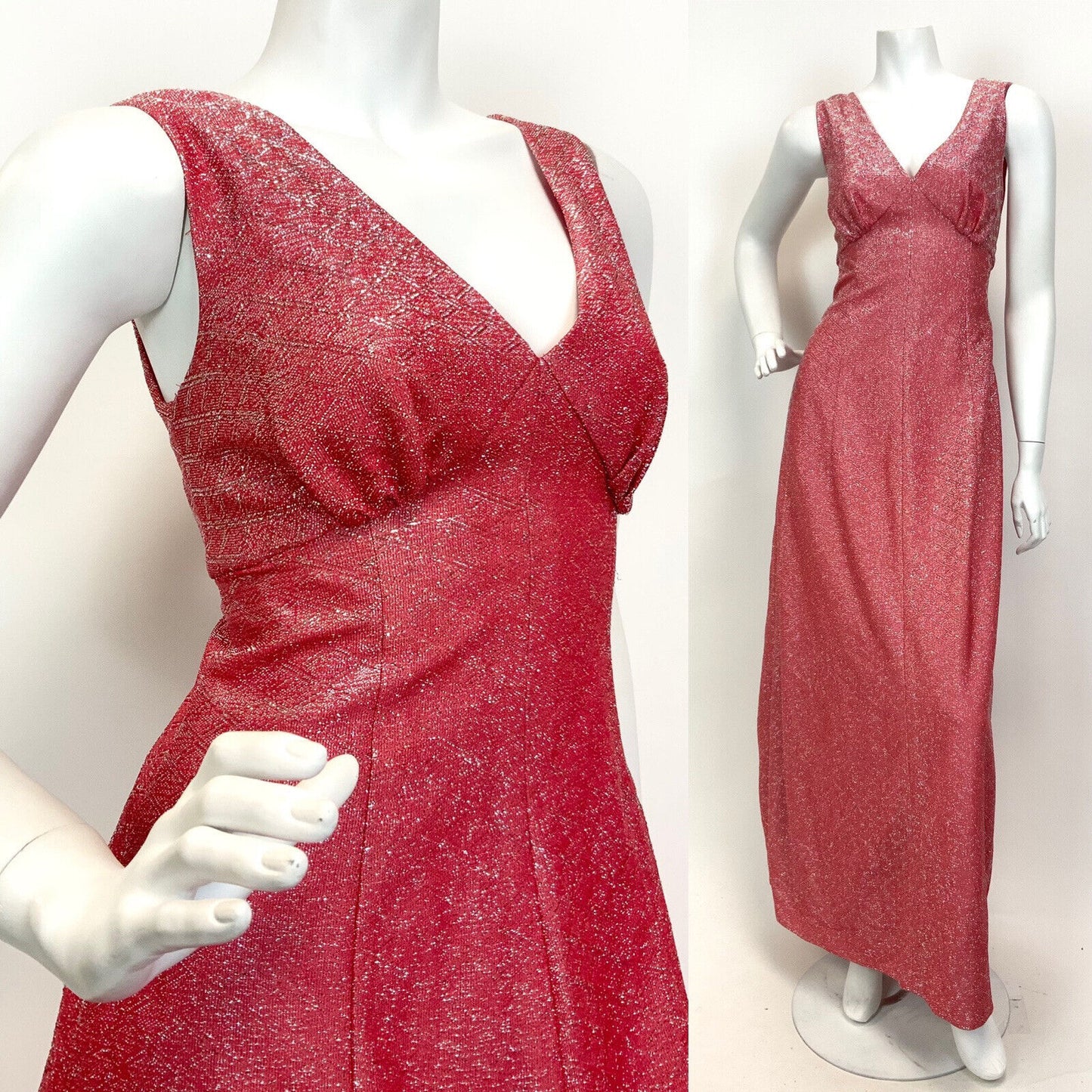 VTG 60s 70s CORAL RED SILVER METALLIC LUREX DISCO GLAM STUDIO 54 MAXI DRESS 10
