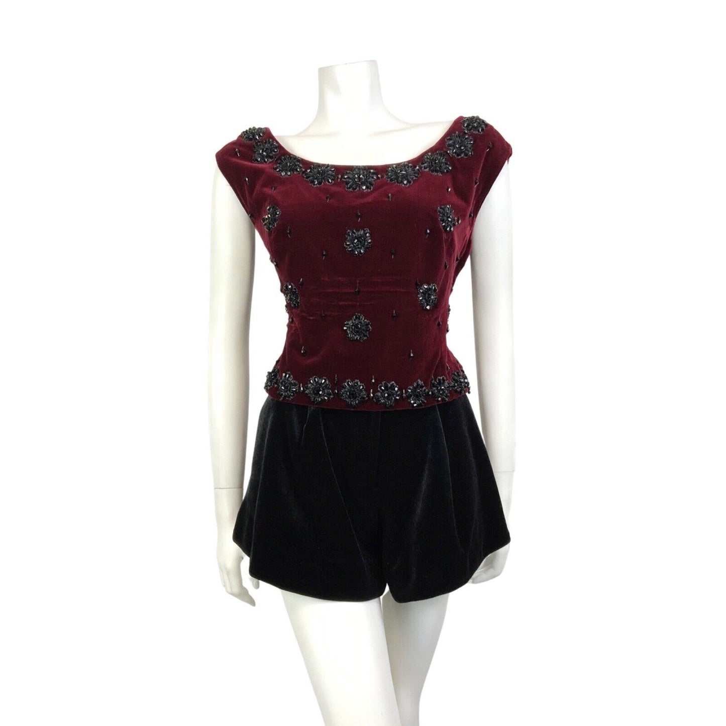 VINTAGE 60s 70s WINE RED BLACK GEM BEADED FLORAL DECO GLAM SLEEVELESS TOP 12