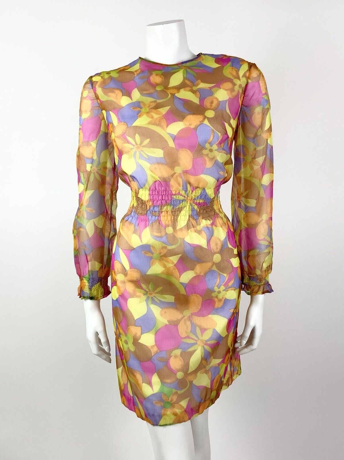VINTAGE 60s 70s YELLOW PINK PURPLE PSYCHEDELIC FLORAL SHEER MOD DRESS 12 14