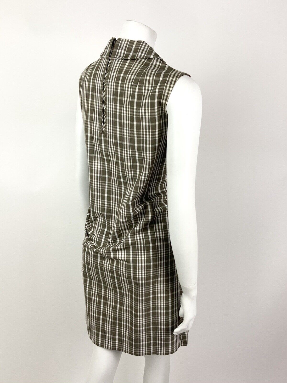 VINTAGE 60s 70s BROWN WHITE PLAID CHECKED LACE MOD SHIFT DRESS 12 14