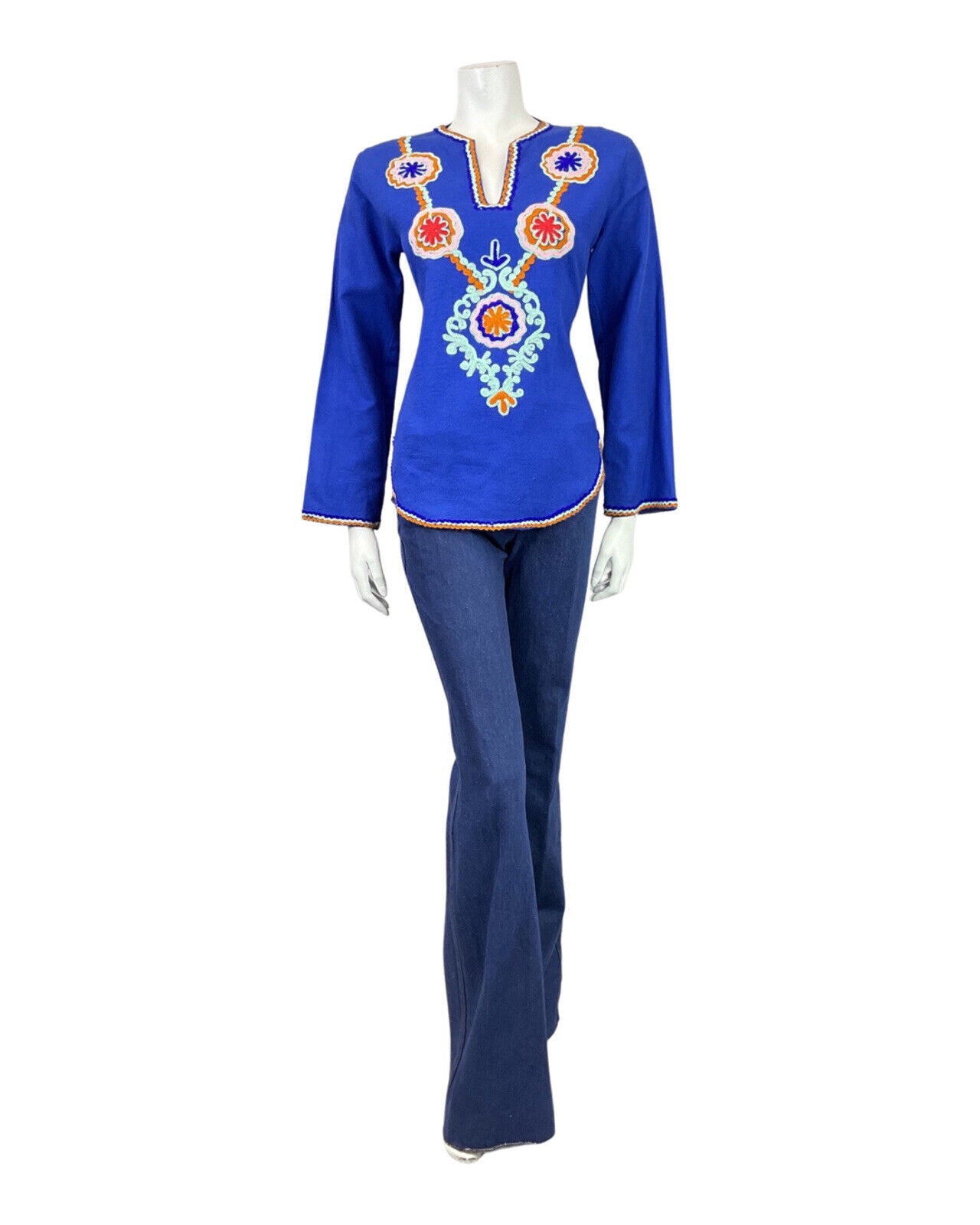 VTG 60s 70s BLUE ORANGE MIND CROCHETED RIC-RAC WAVY FLOWER BOHO FOLK BLOUSE 8 10