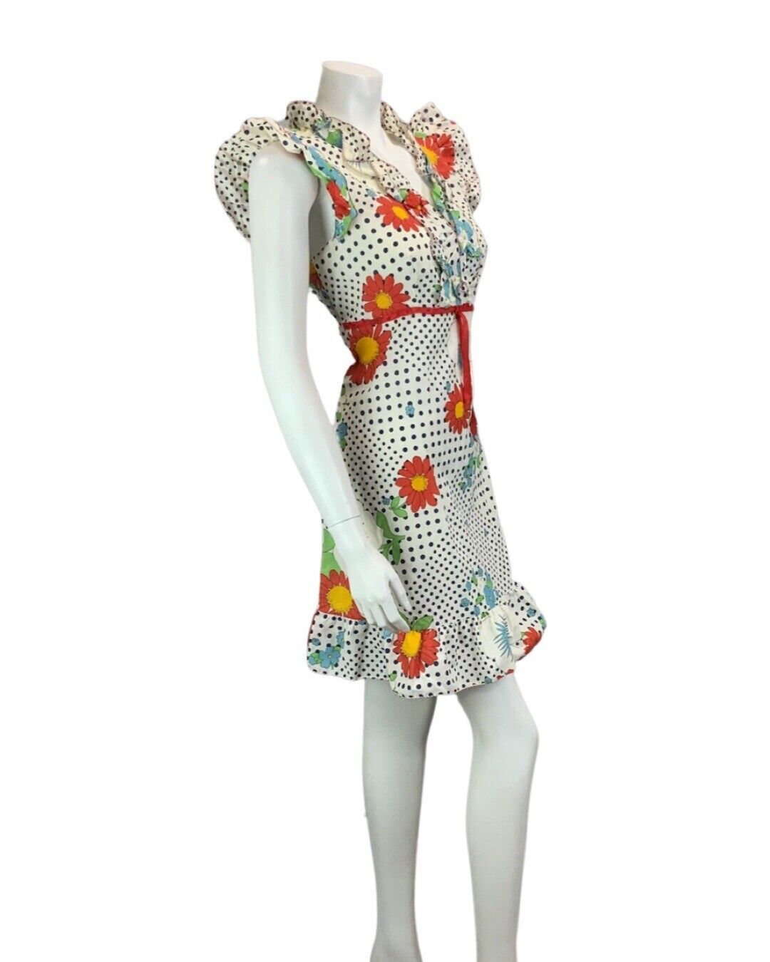 VINTAGE 60s 70s WHITE NAVY BLUE POLKA DOT RED BLUE FLORAL PRINT FLORAL DRESS 12