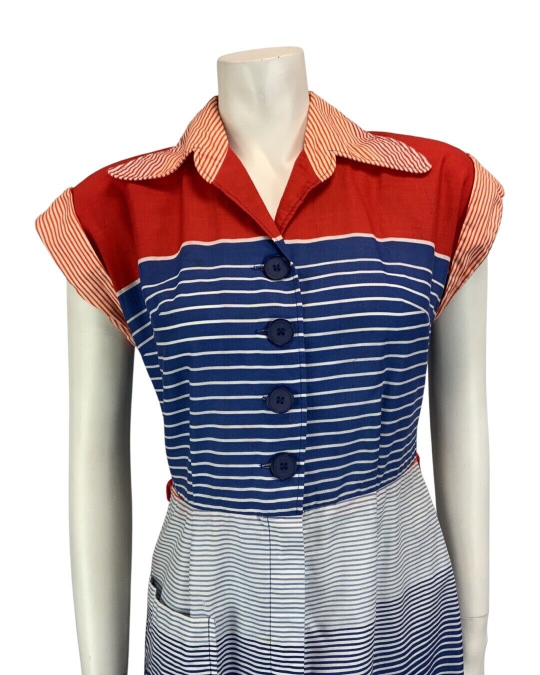 VINTAGE 60s 70s RED BLUE STRIPED COTTON BUTTON DOWN SUMMER SHIRT DRESS 10