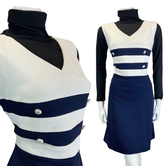 VINTAGE 60s 70s NAVY BLUE WHITE STRIPED NAUTICAL MOD SLEEVELESS DRESS 12 14