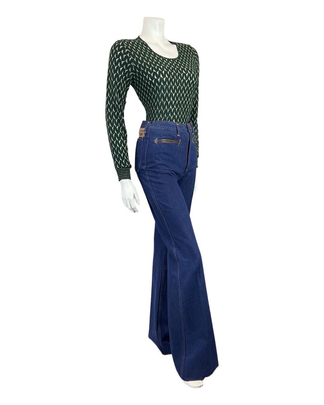 VINTAGE 60s 70s EMERALD GREEN GOLD TRIANGLE KNITTED JUMPER TOP 8 10
