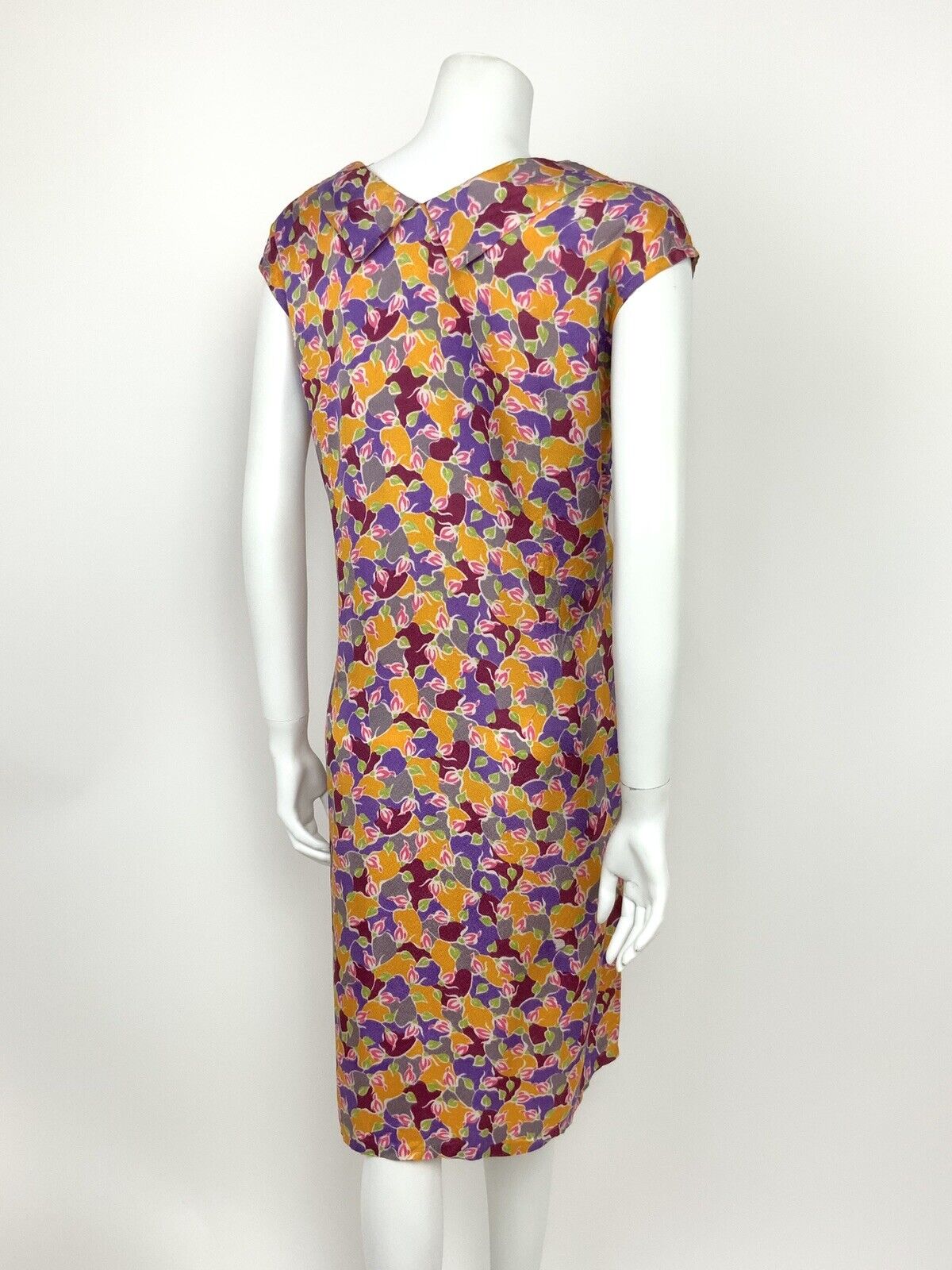 VTG 60s PINK PURPLE RED SILVER YELLOW ABSTRACT FLORAL SHIFT DRESS 14 16 18