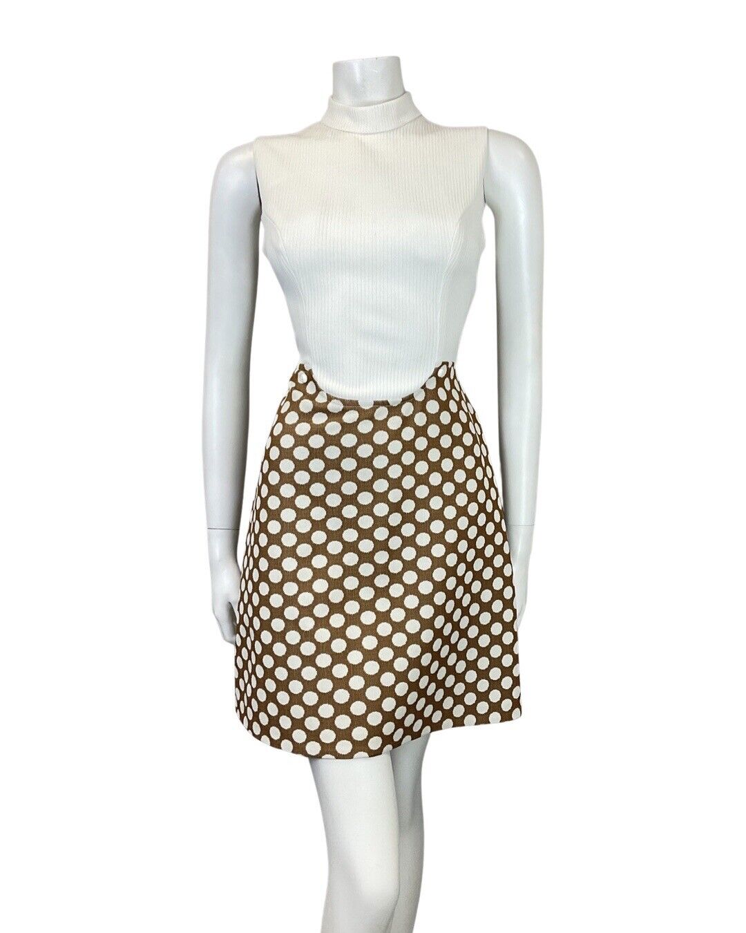 VINTAGE 60s 70s BROWN WHITE POLKA DOT MOD SLEEVELESS SUMMER DRESS 8 10
