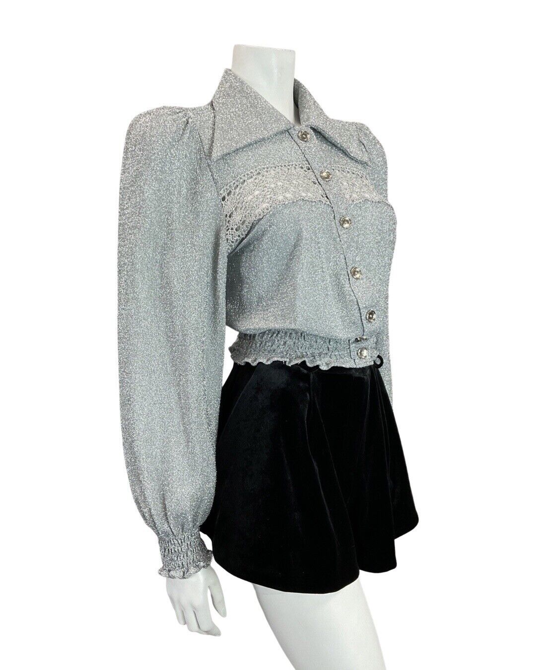 VINTAGE 60s 70s METALLIC SILVER FLORAL LACE STUDIO 54 DISCO DAGGER SHIRT 8 10