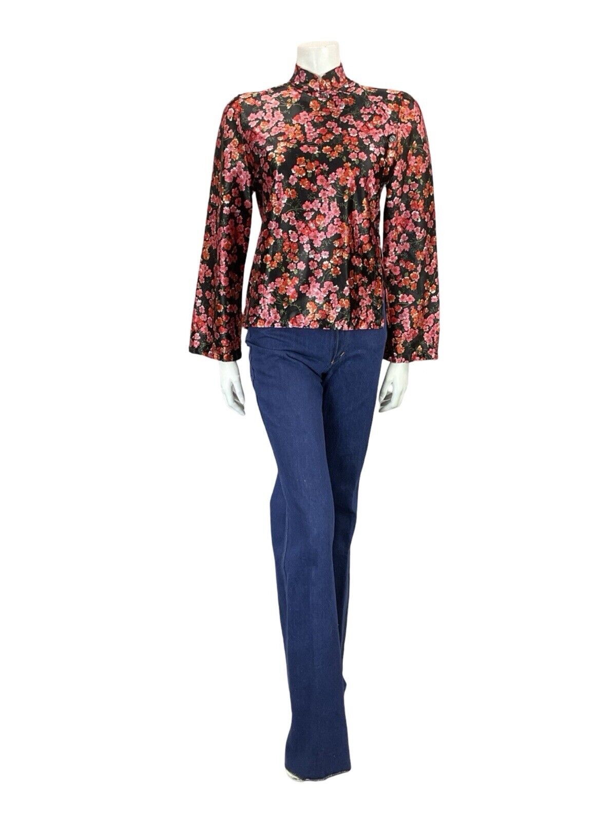 VTG 70S BLACK RED PINK FLORAL CHERRY BLOSSOM MANDARIN CHEONSAM TOP BLOUSE 8 10 S