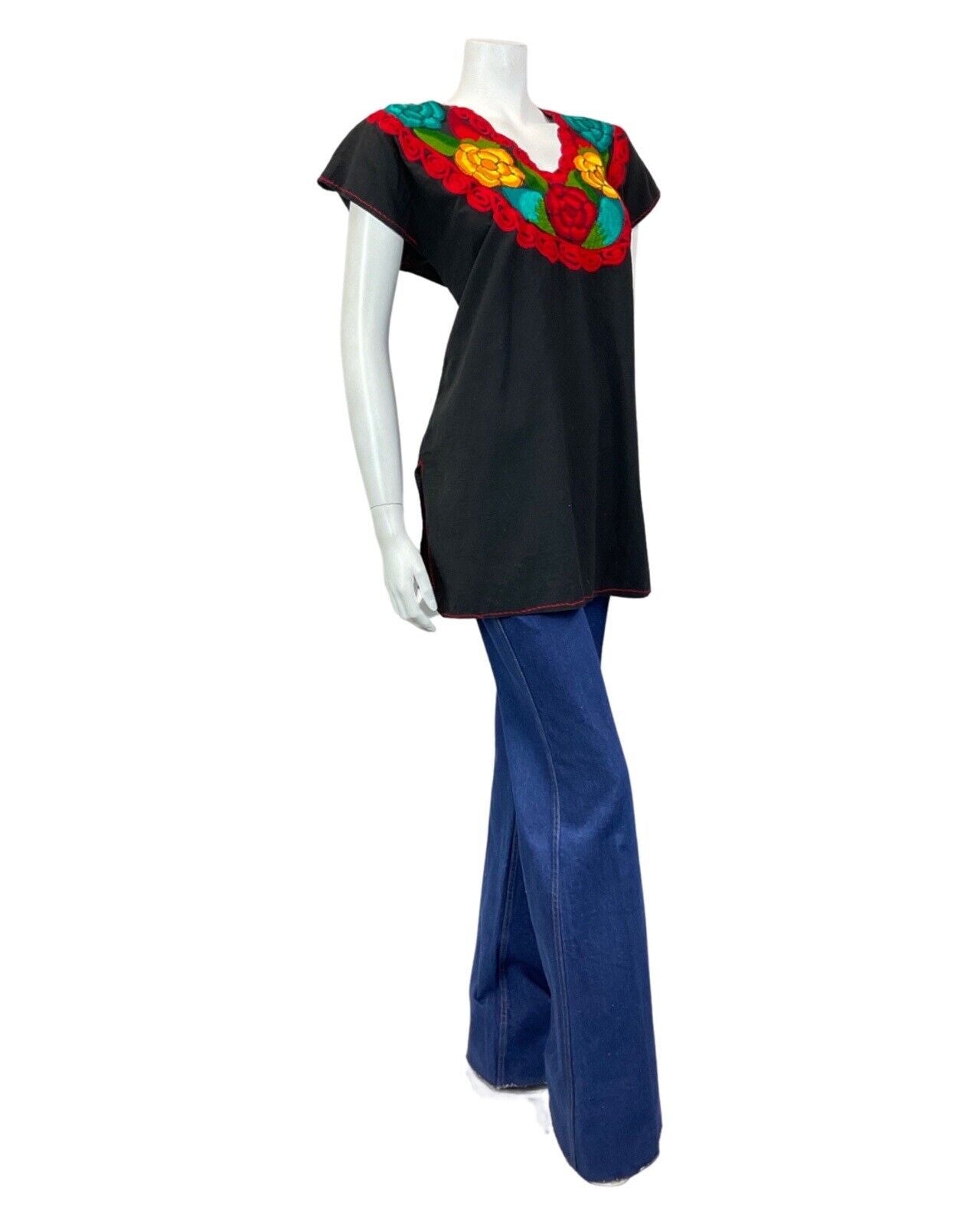 VINTAGE 60s 70s BLACK RED YELLOW FLORAL EMBROIDERED BOHO FOLK BLOUSE 16 18