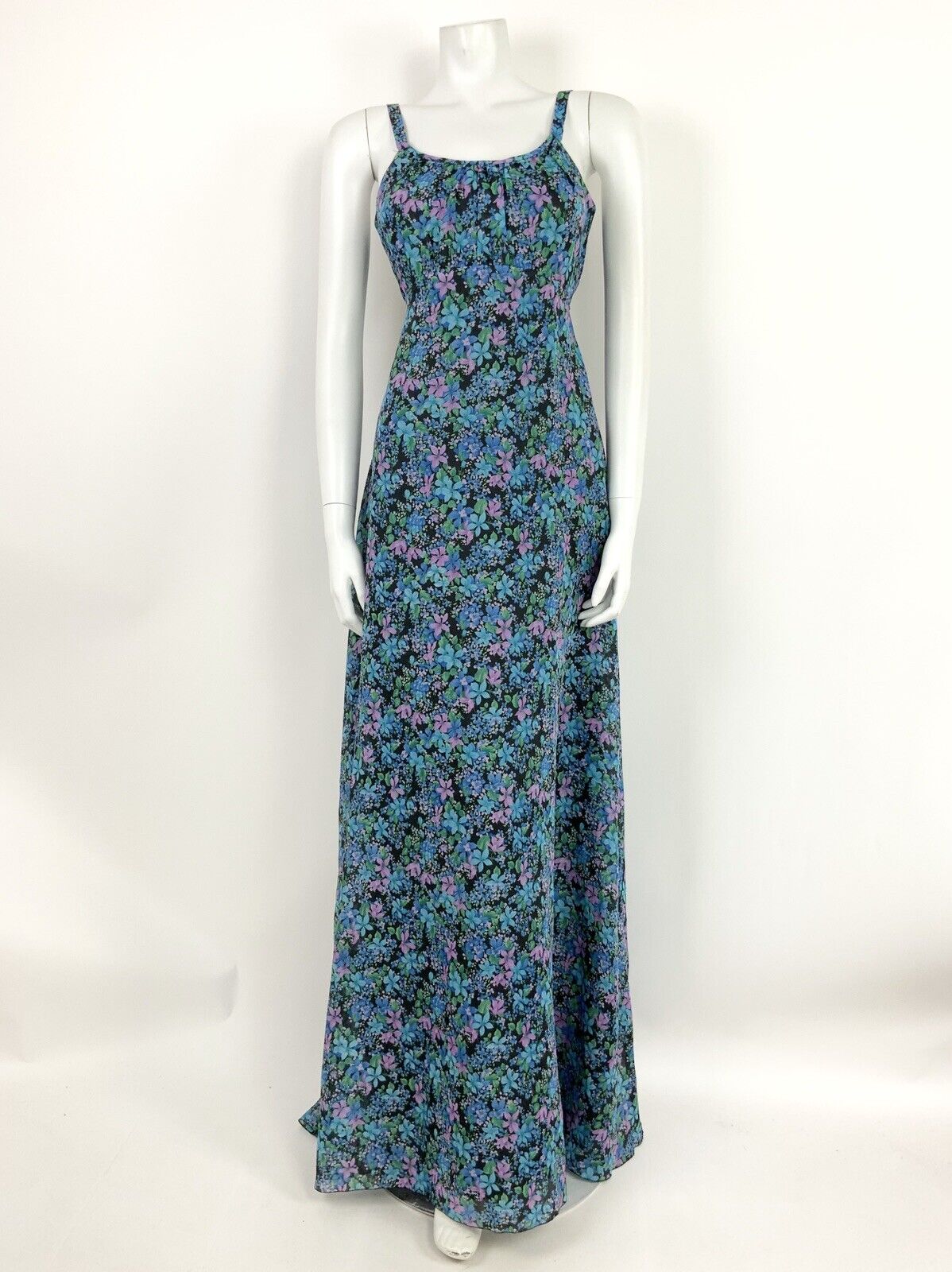 VINTAGE 60s 70s BLUE PINK BLACK GREEN DITSY FLORAL SHEER MAXI DRESS 6