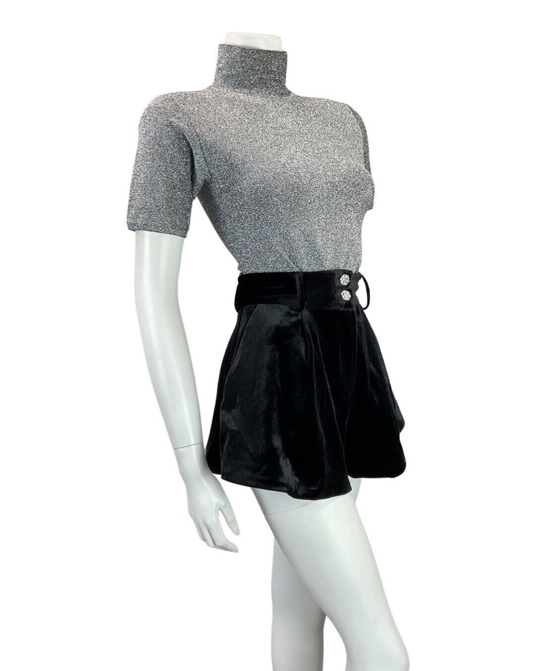 VINTAGE 70s SILVER GLITTER HIGH-NECK SHORT SLEEVE FITTED LUREX BLOUSE TOP 6 8