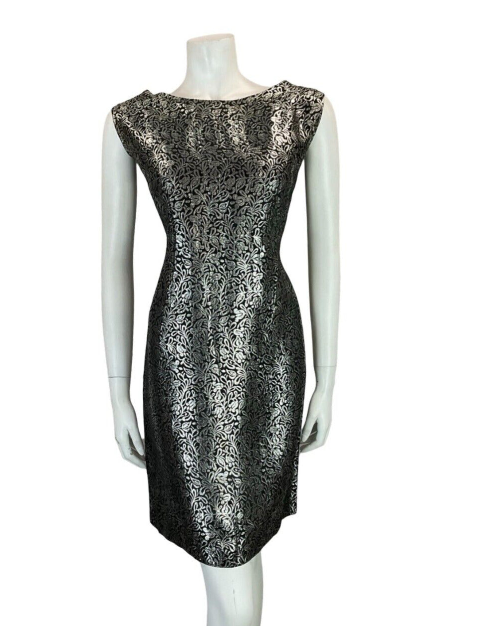 VTG 60S MOD BLACK SILVER FLORAL SHINY PARTY SLEEVELESS MINI DRESS SIZE 14 16