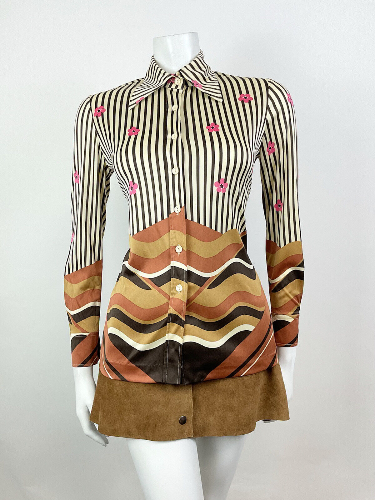 VINTAGE 60s 70s CREAM BROWN PINK STRIPED FLORAL WAVY MOD BOHO DAGGER SHIRT 8 10