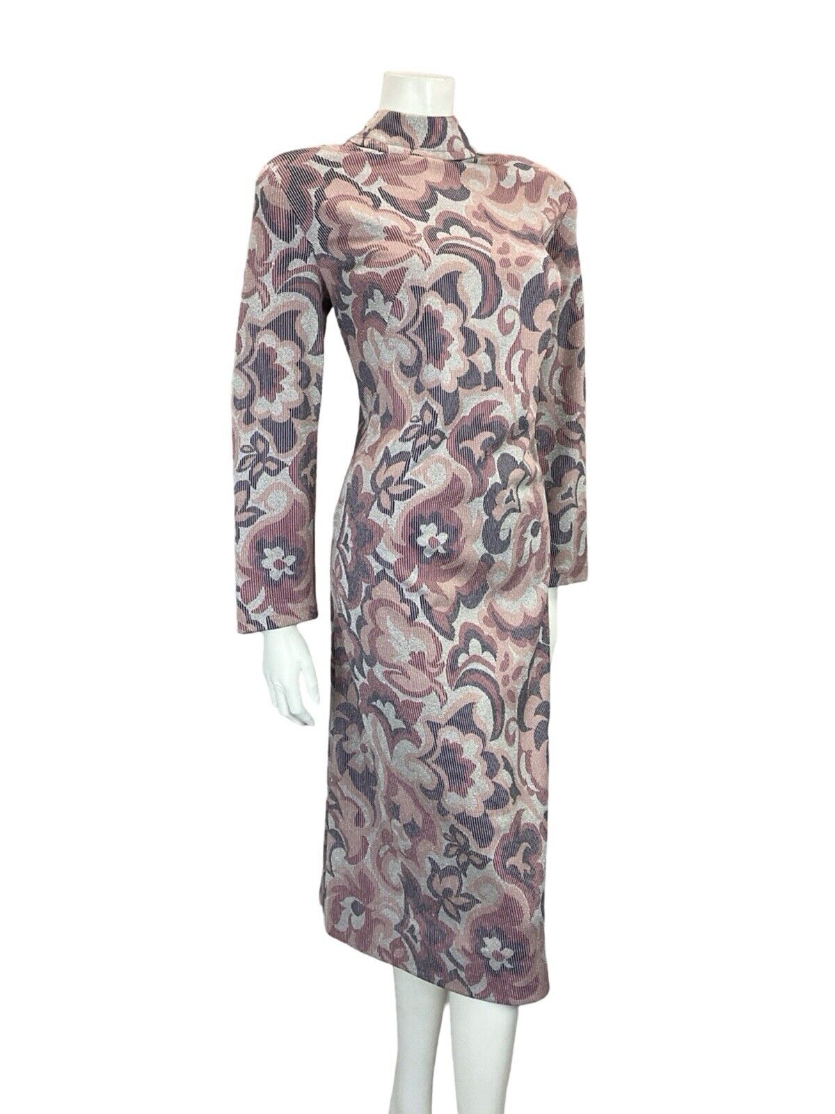 VTG 60S MOD PSYCHEDELIC SILVER PURPLE PINK SPARKLING FUNNEL NECK PARTY DRESS 16