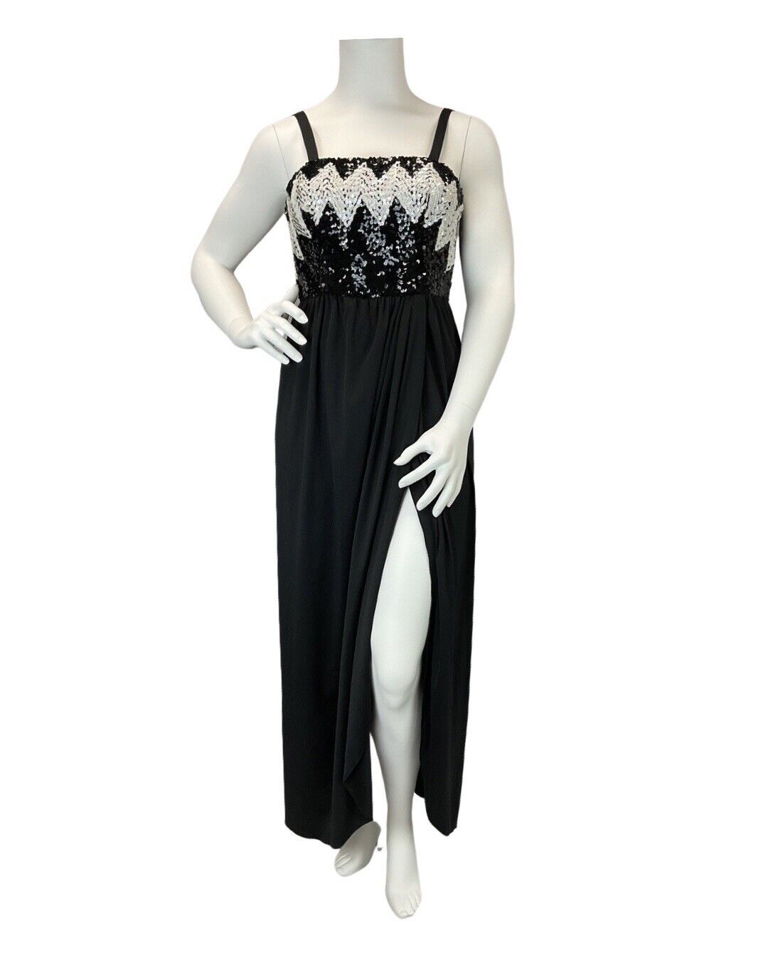 VINTAGE 60s 70s BLACK WHITE SEQUIN ZIG-ZAG STRAPPY DISCO STUDIO 54 MAXI DRESS 16