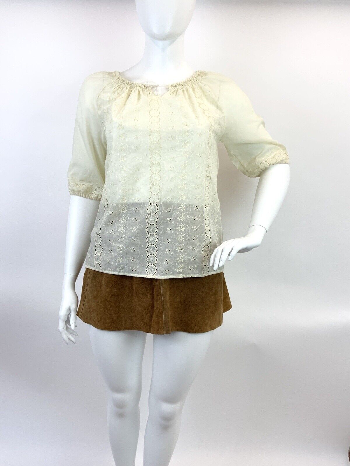 VINTAGE 60s 70s PALE YELLOW FLORAL BRODERIE ANGLAISE BOHO FOLK BLOUSE TOP 16