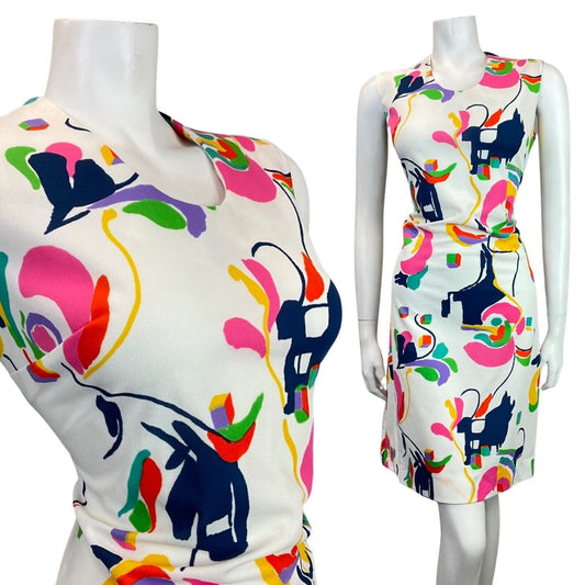 VINTAGE 60s 70s WHITE BLUE PINK GREEN ABSTRACT SLEEVELESS MOD DRESS 14 16