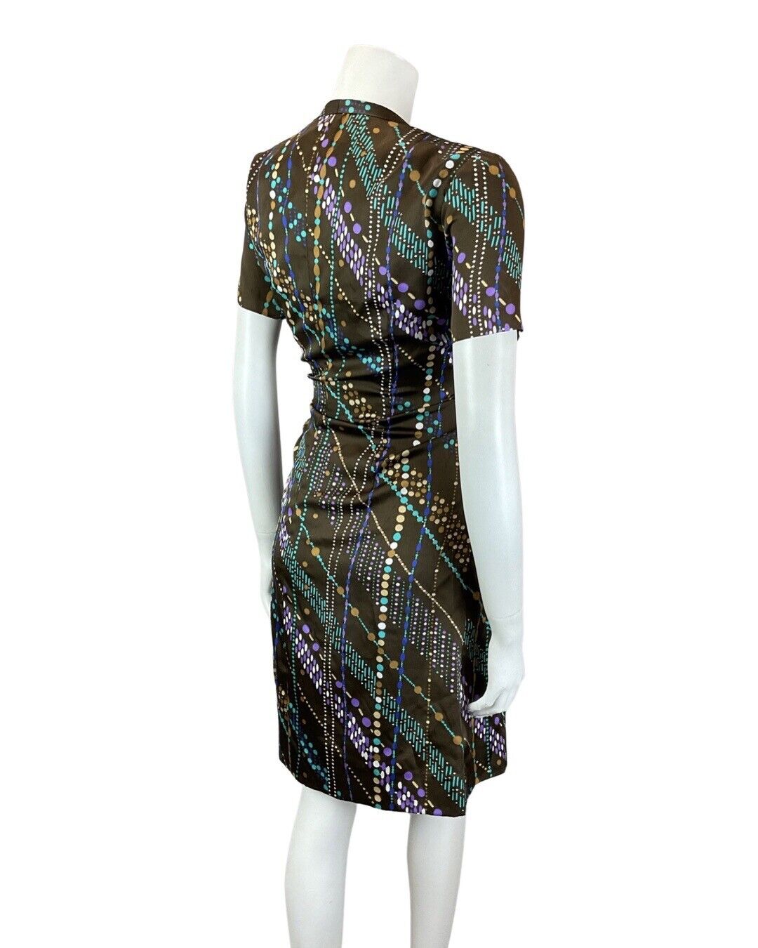 VINTAGE 60s 70s BROWN BLUE PURPLE BEAD REED DOTTY MOD SHORT SLEEVE DRESS 12