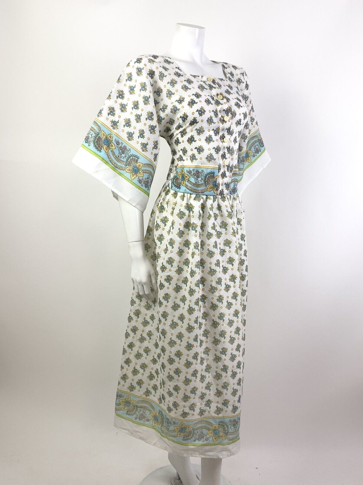 VINTAGE 60s 70s WHITE BLUE GREEN FLORAL ROSE FOLK BOHO KIMONO SLEEVE DRESS 10 12