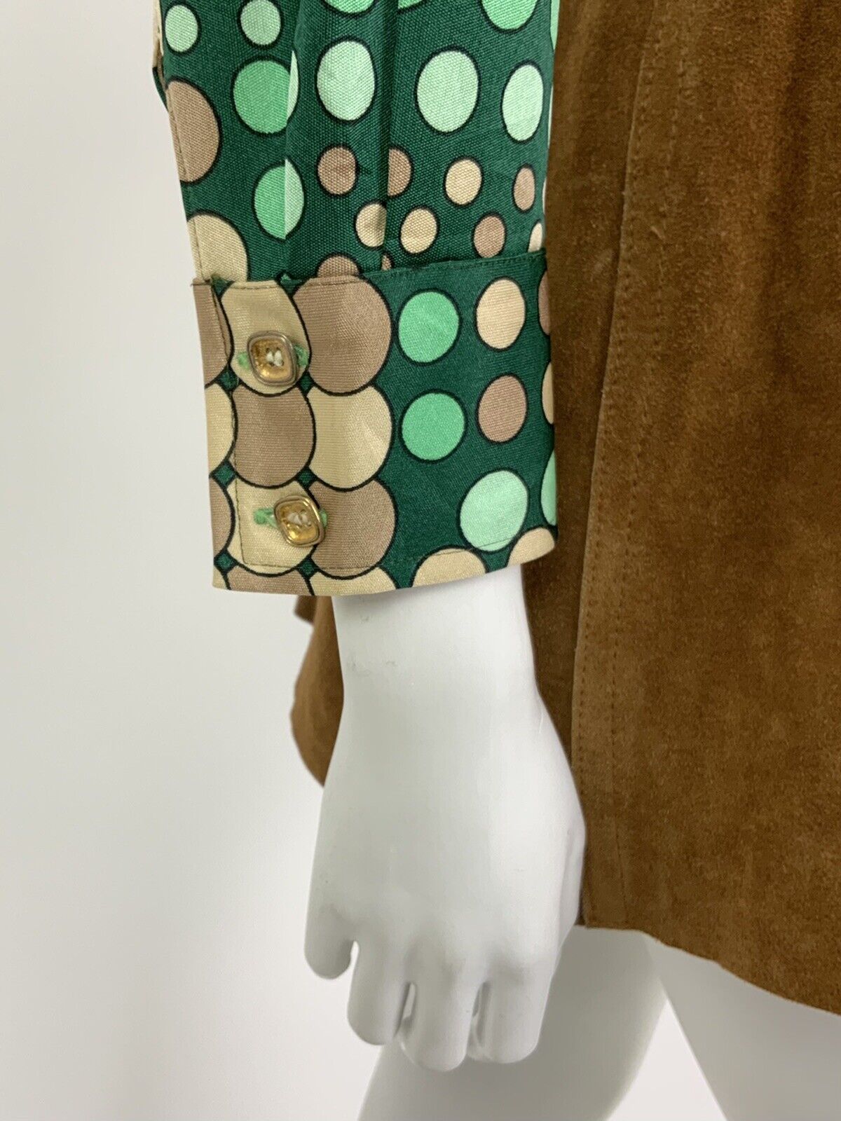 VINTAGE 60s 70s GREEN BEIGE GOLD CIRCLE SPOTTY DAGGER SHIRT 12 14 16