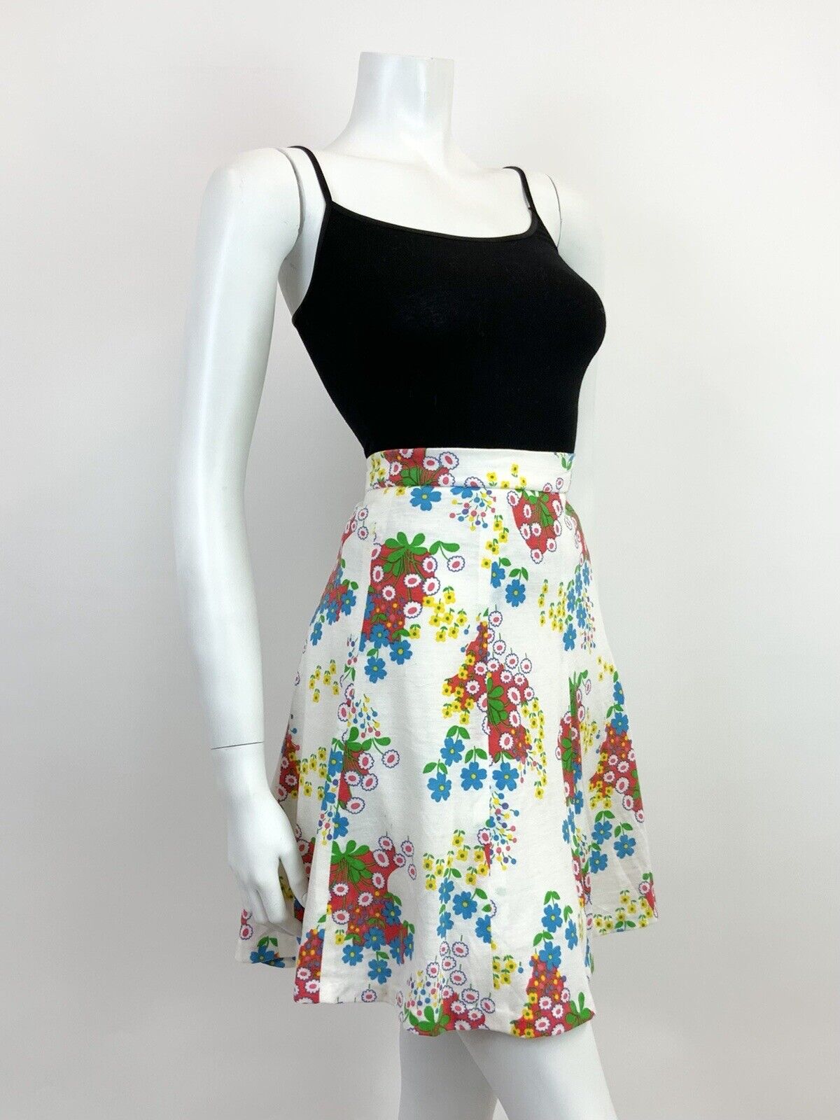 VINTAGE 60s 70s WHITE BLUE GREEN YELLOW FLORAL DAISY FLARED CIRCLE SKIRT 10 12
