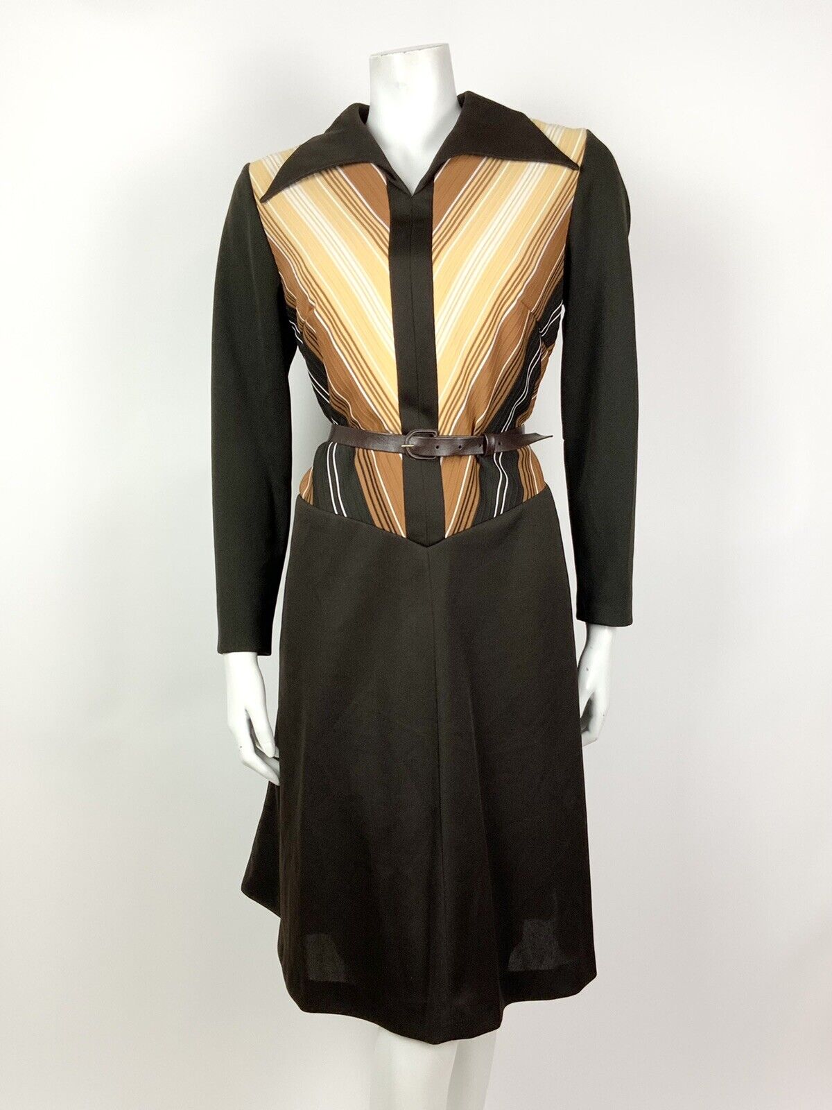 VTG 60s 70s MOD BROWN CREAM WHITE STRIPED WING COLLAR BELTED DRESS 14 16