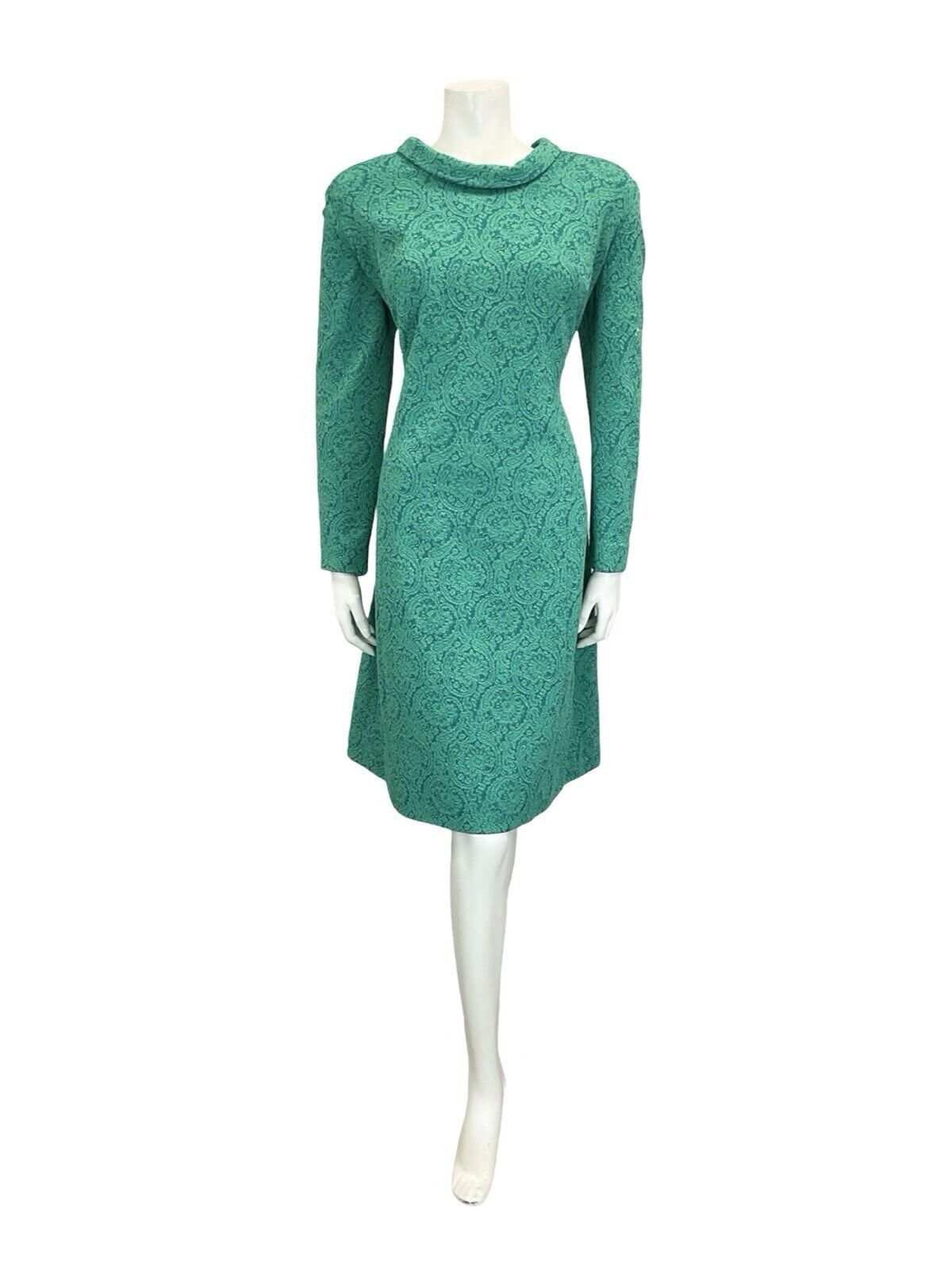 VTG 60S TEAL BLUE GREEN SPARKLY PAISLEY ROUNDED COLLAR PARTY MIDI DRESS 16