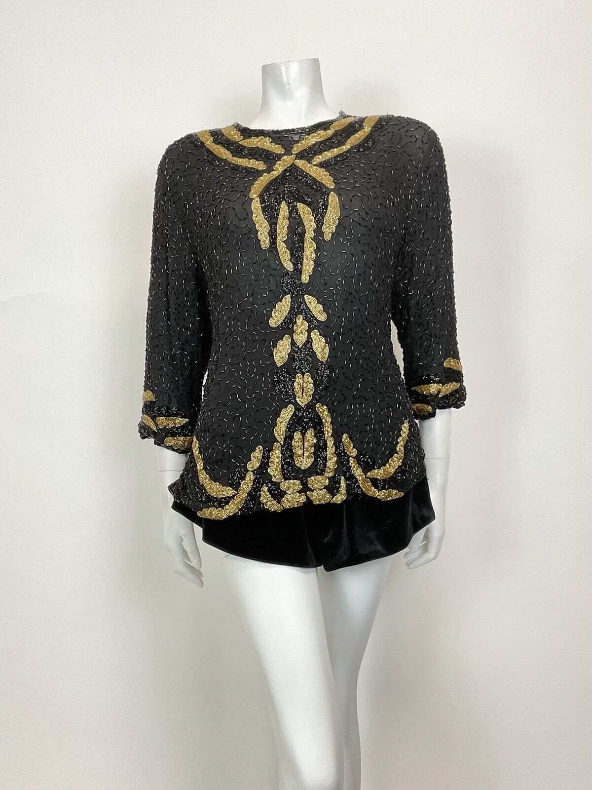 VINTAGE 70s 80s BLACK GOLD SEQUIN BEADED GLAM DISCO PARTY BLOUSE TOP 16 18