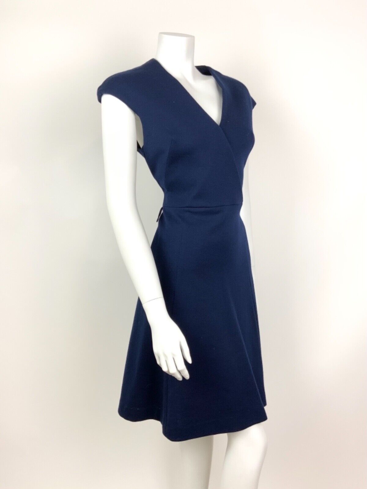 VINTAGE 60s 70s NAVY BLUE V-NECK CAPPED SLEEVE WOOL MOD DRESS 12