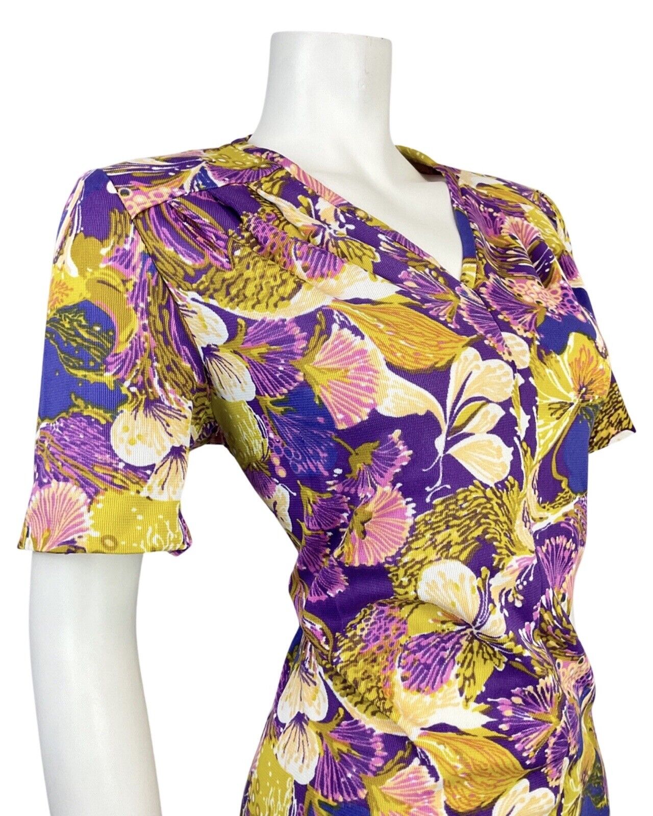 VINTAGE 60s 70s PURPLE YELLOW WHITE PSYCHEDELIC MOD FLORAL SUMMER DRESS 16 18