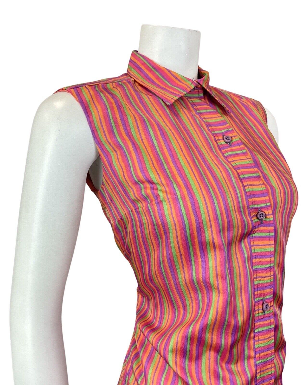 VINTAGE 60s 70s PINK GREEN PURPLE STRIPED SLEEVELESS MOD SHIFT DRESS 10 12