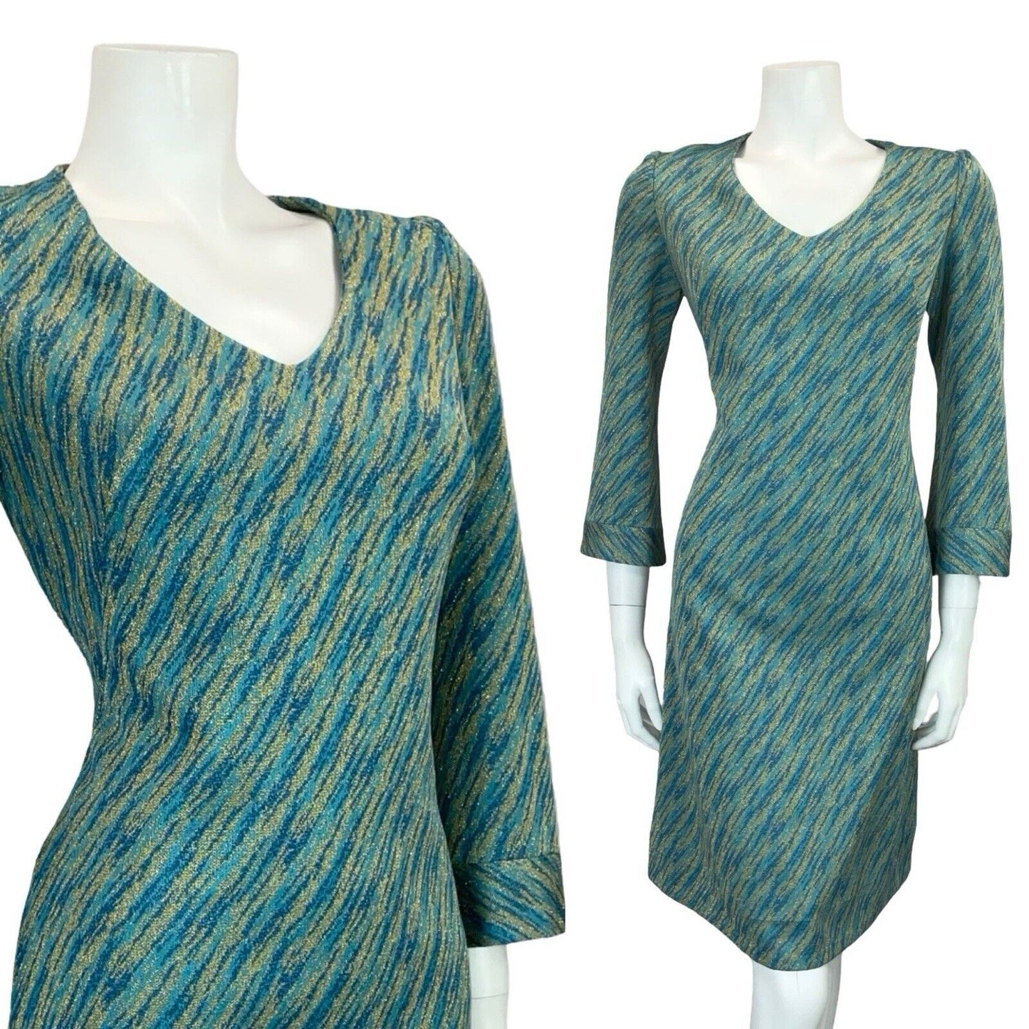 VTG 60S 70S MOD GOGO BLUE TEAL GOLD BELL SLEEVE V NECK PARTY MINI DRESS S 8 10
