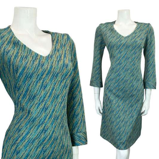 VTG 60S 70S MOD GOGO BLUE TEAL GOLD BELL SLEEVE V NECK PARTY MINI DRESS S 8 10