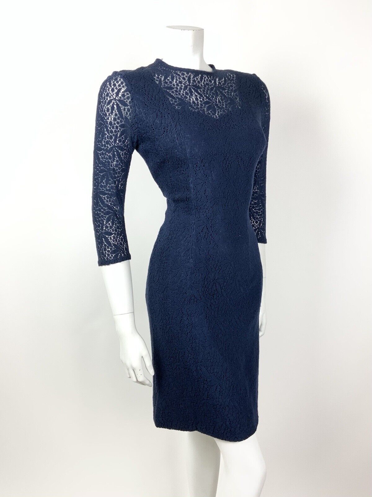 VINTAGE 60s 70s NAVY BLUE FLORAL LACE MOD PENCIL DRESS 12 14
