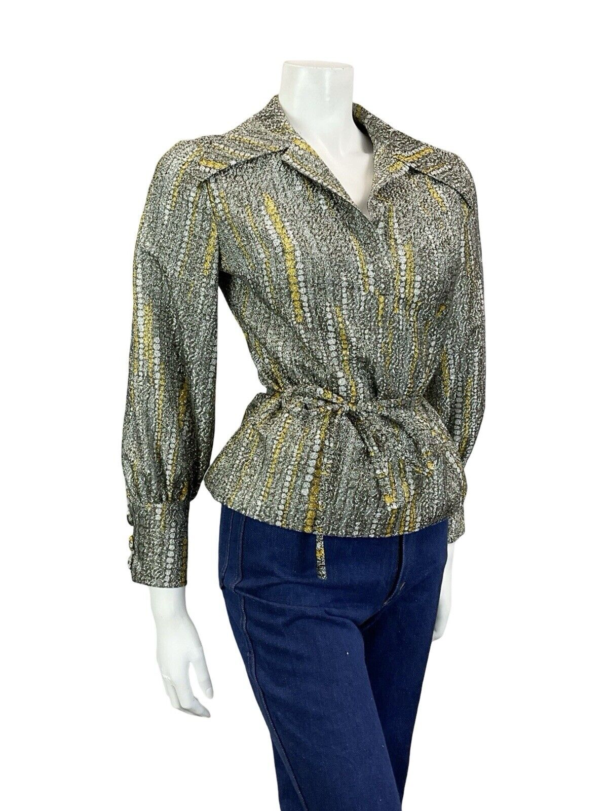 VTG 70S SILVER GOLD SPOTTY METALLIC DAGGER COLLAR BISHOP SLEEVE PARTY SHIRT 8