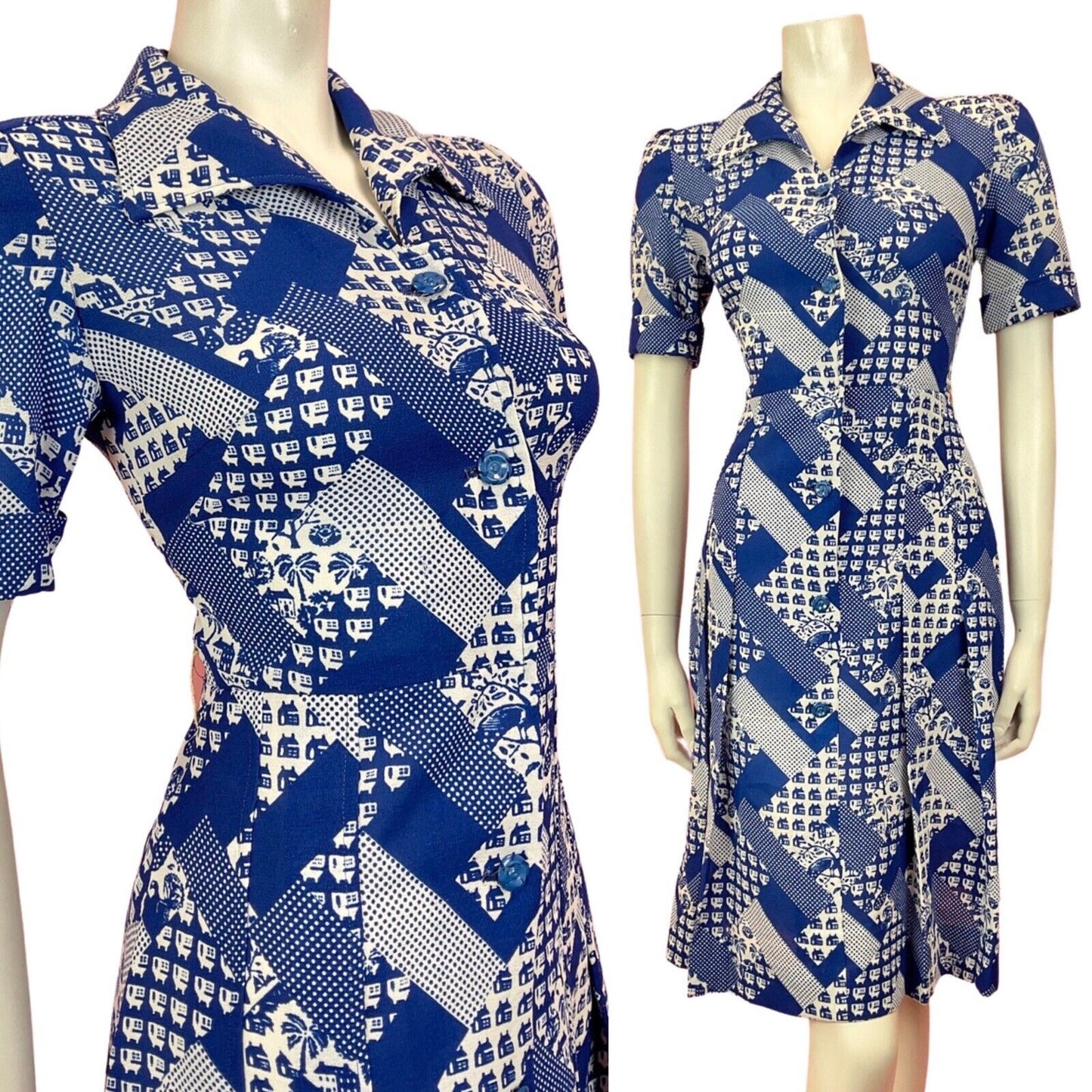 VTG 60s 70s BLUE WHITE GEOMETRIC POLKA-DOT PALM TREE MOD DAGGER SHIRT DRESS 10