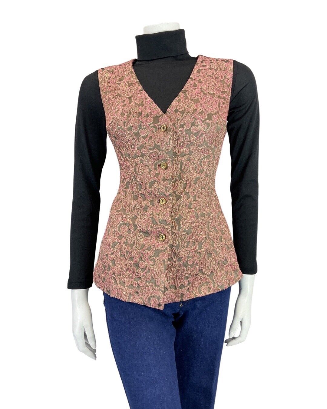 VINTAGE 60s 70s PINK GOLD FLORAL SWIRL BROCADE LUREX WAISTCOAT 12