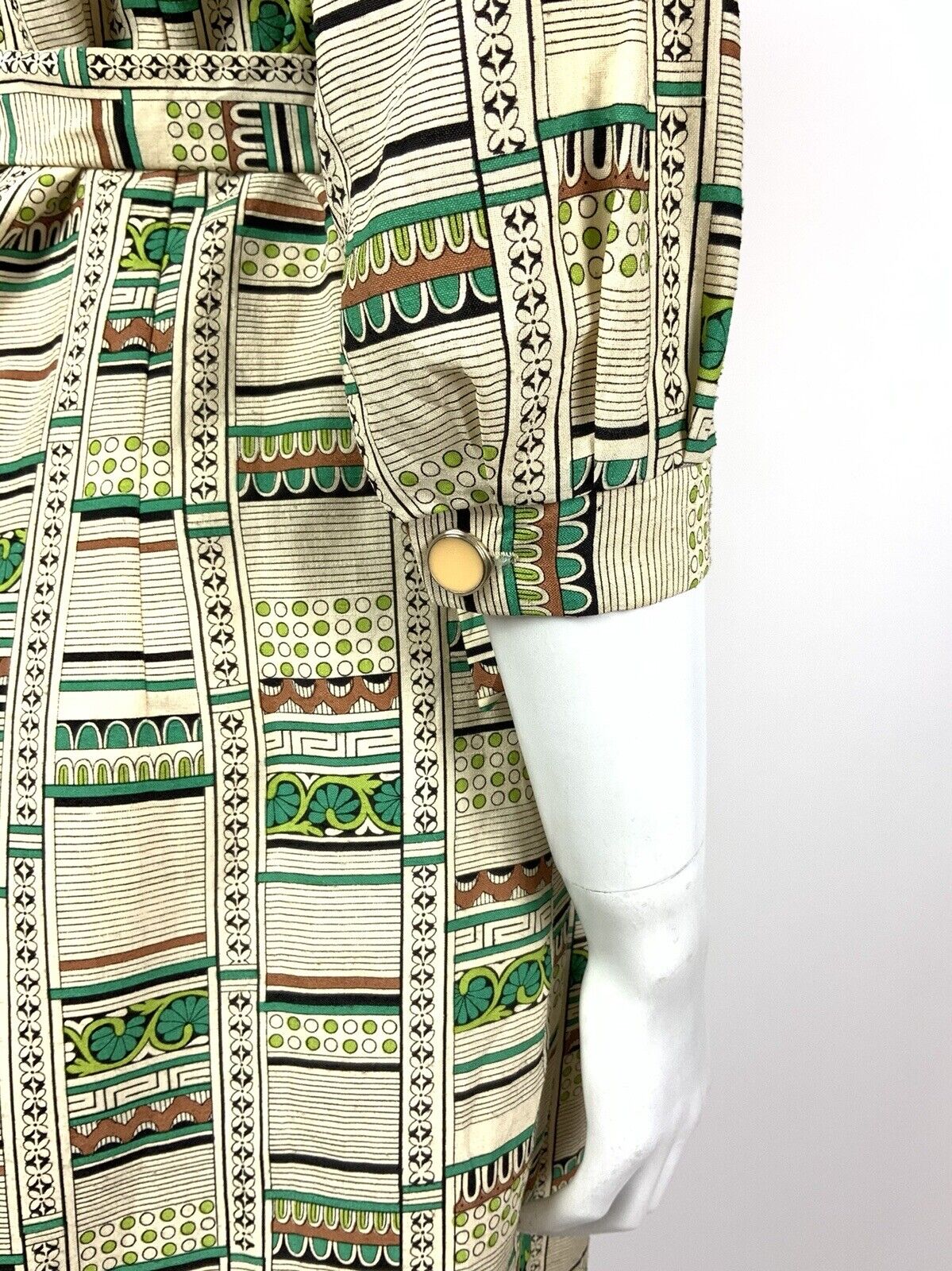 VTG 60s 70s CREAM GREEN BLACK BROWN STRIPED FLORAL GEOMETRIC SHIRT DRESS 14 16