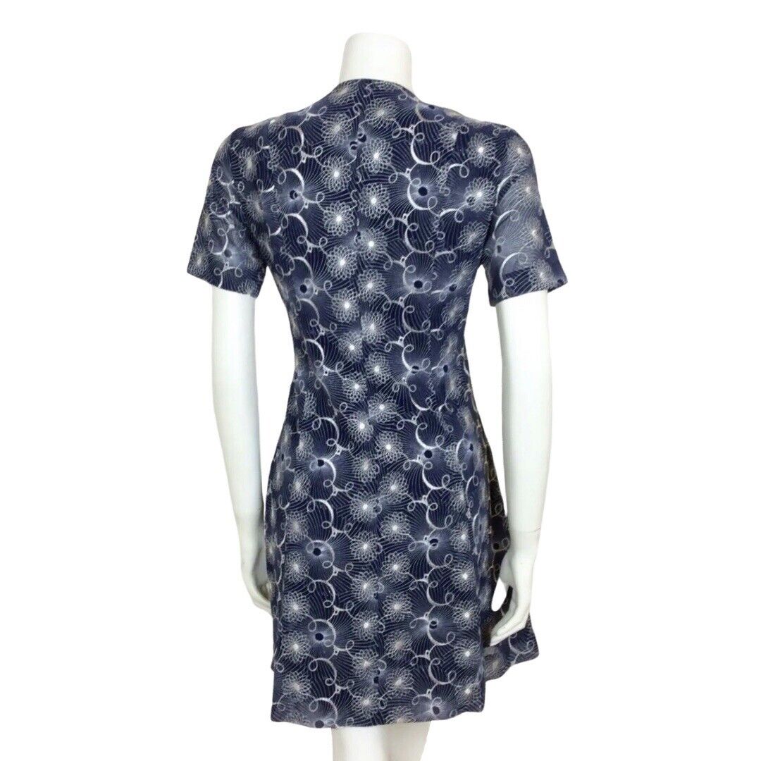 VINTAGE 1960S NAVY BLUE WHITE EMBROIDERED FLORAL SPIROGRAPH DRESS 10 12