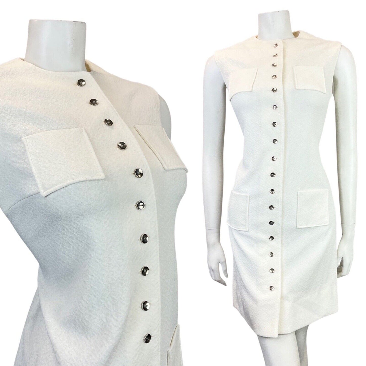 VINTAGE 60s 70s BRIGHT WHITE SILVER SLEEVELESS MOD SHORT SHIFT DRESS 10 12