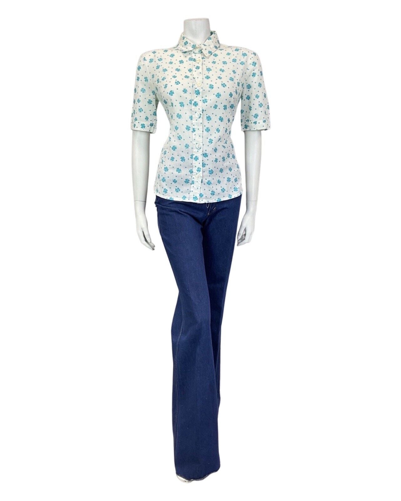 VINTAGE 60s 70s WHITE BLUE POLKA DOT CLOVER MOD SHORT SLEEVE SHIRT 12 14