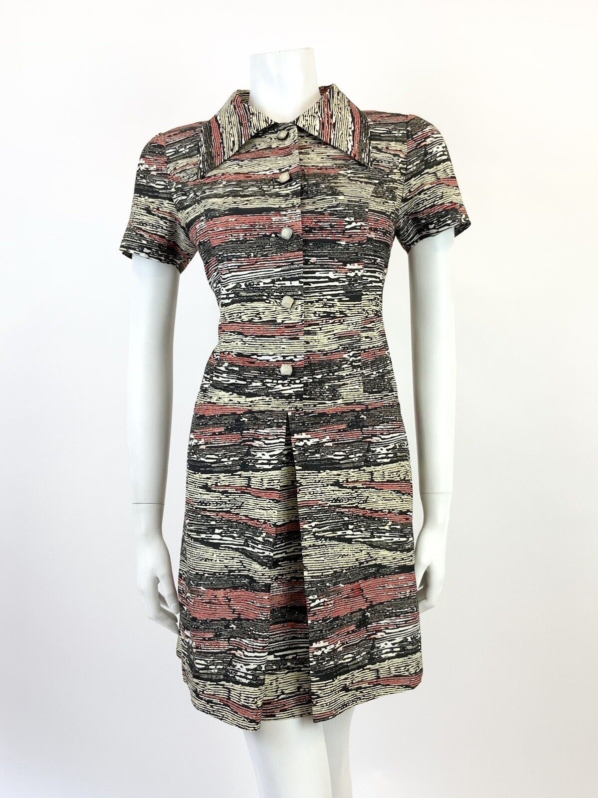 VINTAGE 60s 70s CREAM BLACK RED STRIPED WOOD GRAIN MOD DAGGER SHIRT DRESS 10 12