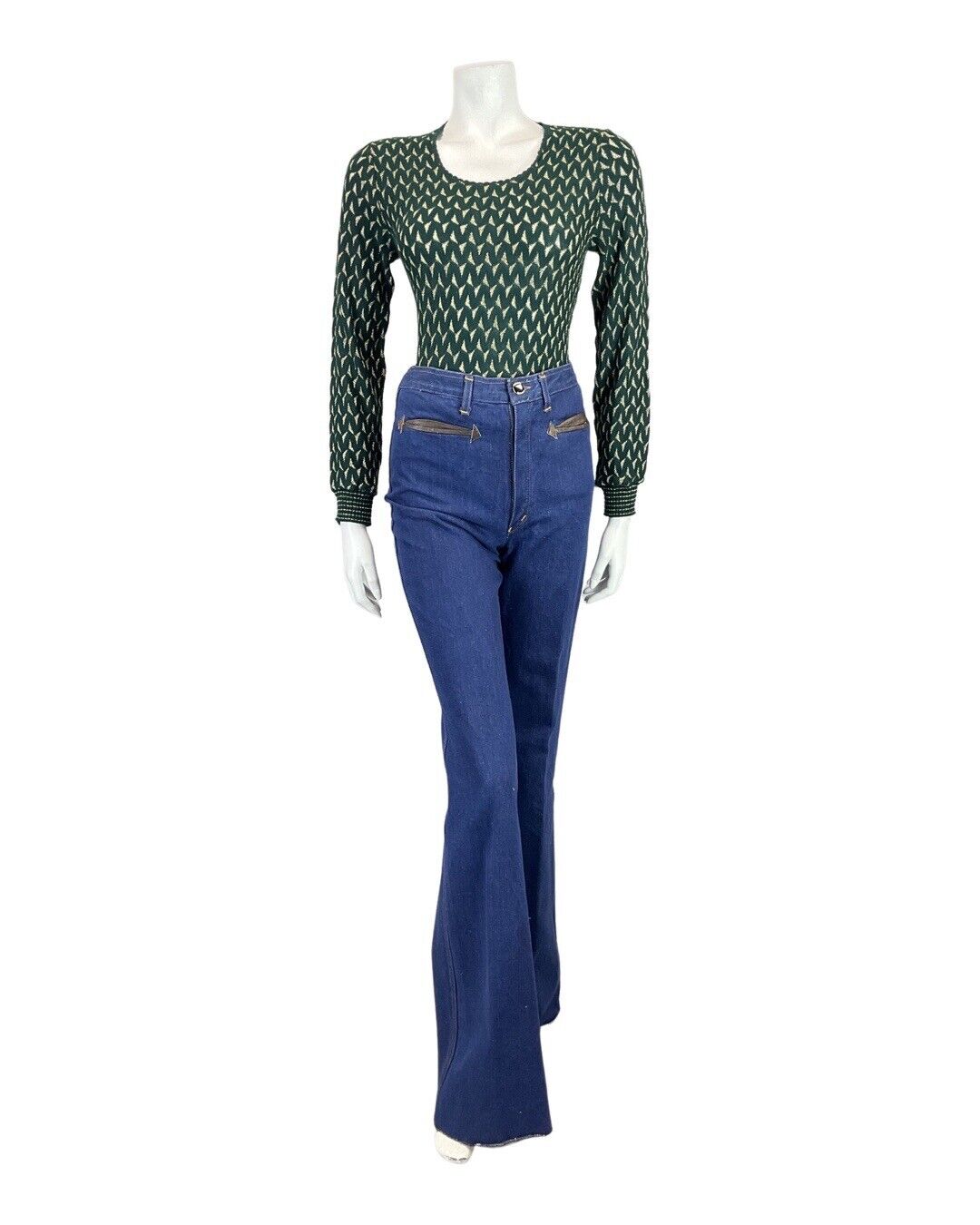 VINTAGE 60s 70s EMERALD GREEN GOLD TRIANGLE KNITTED JUMPER TOP 8 10
